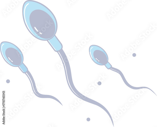 Three sperm cells swimming in a light blue and grey color palette biology science
