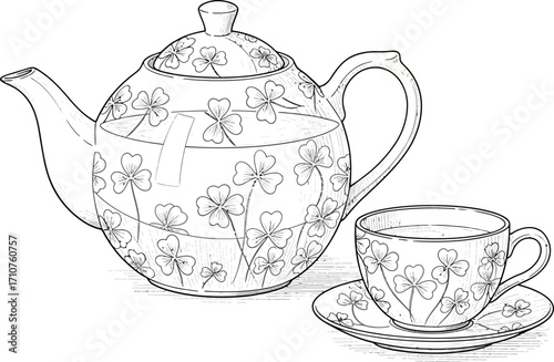 Tea pot and tea cup illustration isolated on white background