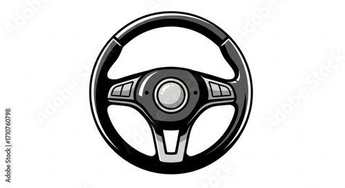 Illustration of a sleek black car steering wheel with silver accents, , offering a modern and stylish automotive design