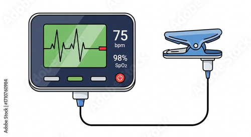 Pulse oximeter, a medical device that indirectly monitors the oxygen saturation of a patients blood and heart rate