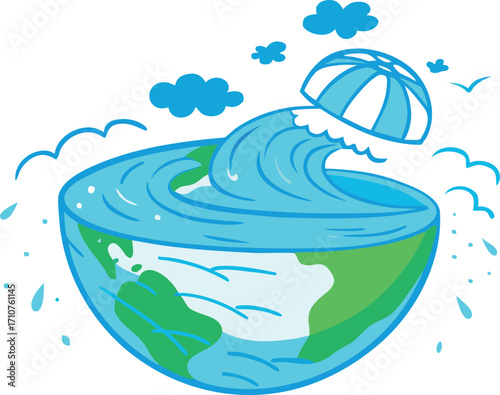 Earth globe overflowing with water and a parachute ocean wave