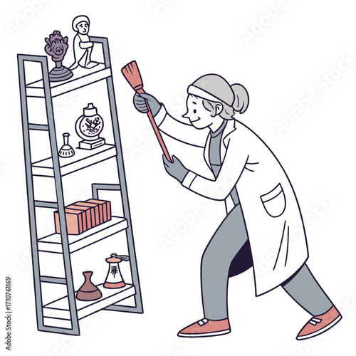 A collector carefully dusting a shelf of rare figurines with a soft brush
