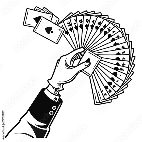 A magician practicing a card flourish