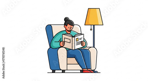 Woman sitting in armchair reading a book, enjoying a quiet moment of relaxation and literary exploration at home
