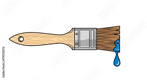 Illustration of a paintbrush with blue paint dripping from the bristles, , a tool for painting and decorating walls