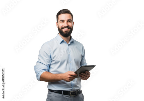 Smiling man with beard holding a tablet isolated on transparent background