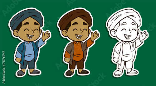 Cute Muslim boy waving hello sticker illustration