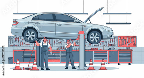 Auto mechanics working on a car lifted on a hoist in a garage workshop, organized tools and equipment.