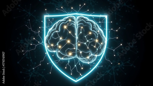 A glowing neuron network forming a protective shield around an abstract brain silhouette with vegetable-shaped constellations.