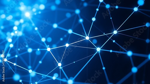 Abstract digital network with glowing blue and white nodes, illustrating connectivity and technology.