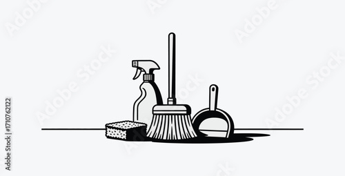 Household Cleaning Tools Arrangement Ready for Spring Cleaning Tasks