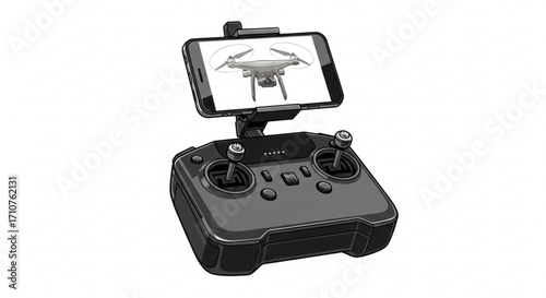A sleek drone controller, complete with a smartphone displaying a drones view, ready for aerial adventures and photography