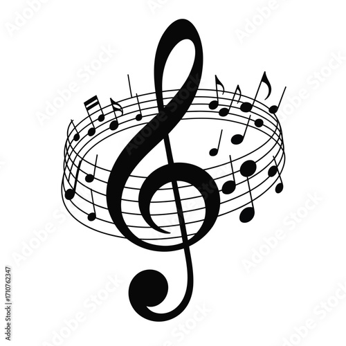 Black vector illustration of stylized treble clef with cascading musical notes, modern minimalist design isolated on a white background