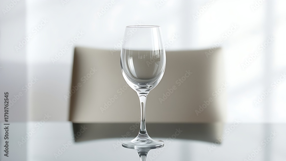 Elegant white wine glass placed on a minimalist table with soft lighting reflections.