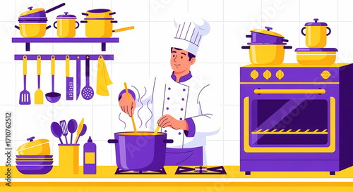 Chef Cooking in a Bright Kitchen with Modern Appliances and Utensils