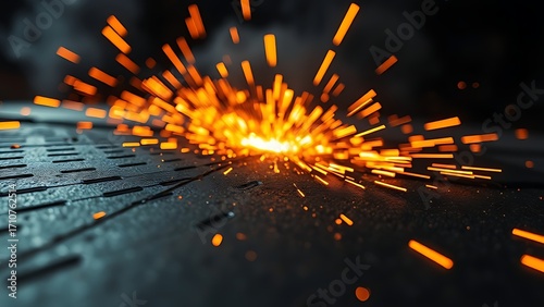 Close-up of glowing orange sparks on textured metal in a dark industrial environment.