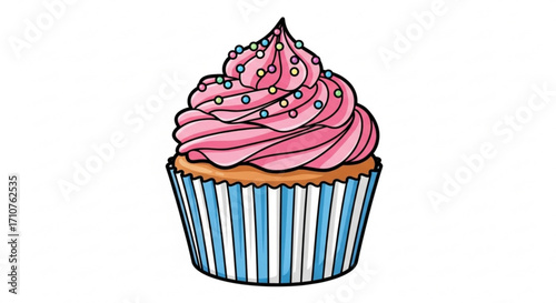 A charming cupcake with pink frosting and sprinkles, , a sweet indulgence for any celebration, a tempting dessert