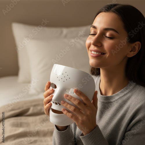 Smiling woman holding LED face mask for skincare at home