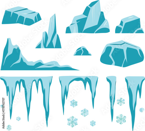 Blue ice formations and snowflakes vector illustration shapes jagged