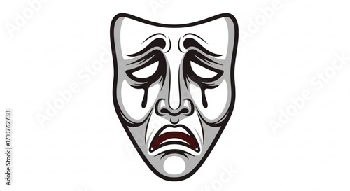 Illustration of a sad theatrical mask the mask is white with black outlines and has a sad expression on its face