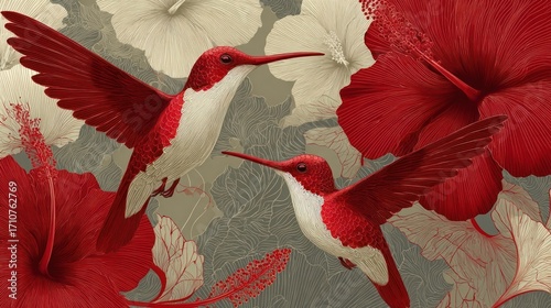 Two ruby topaz hummingbirds hover among red hibiscus flowers, creating a vibrant and eyecatching tropical garden scene