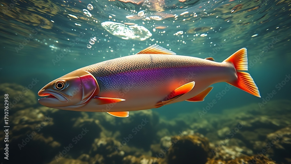 Naklejka premium A rainbow trout glides through a crystal-clear mountain stream, bathed in natural sunlight.