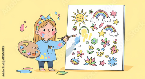 Joyful Young Artist Covered in Paint Creates Colorful Artwork on Canvas