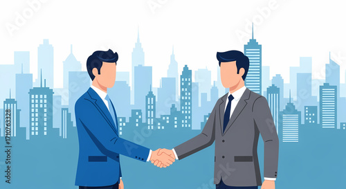 Two businessmen shaking hands in front of a stylized city skyline
