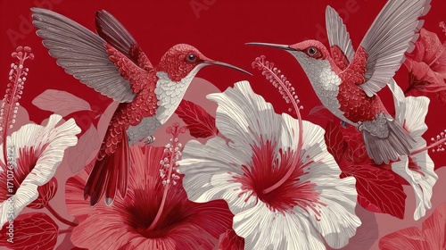 Two ruby topaz hummingbirds hover among white hibiscus flowers, creating a vibrant and eyecatching tropical garden scene