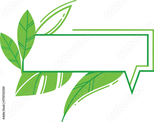 Green leaves frame a rectangular speech bubble nature organic