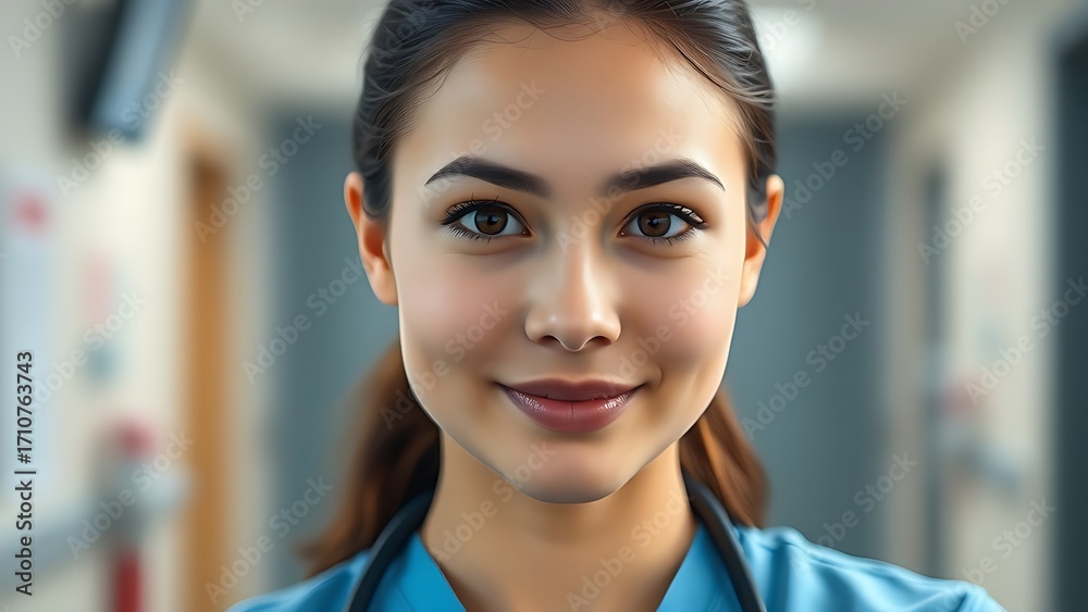 Fototapeta premium Professional nurse headshot with gentle expression and diffused lighting