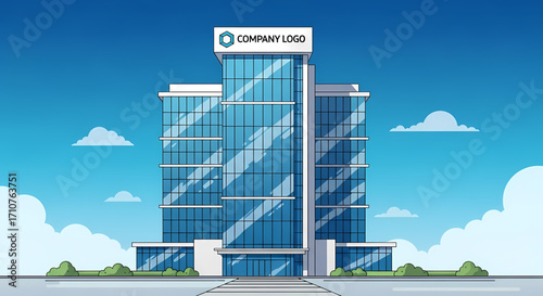 Modern glass office building against a clear blue sky with clouds.