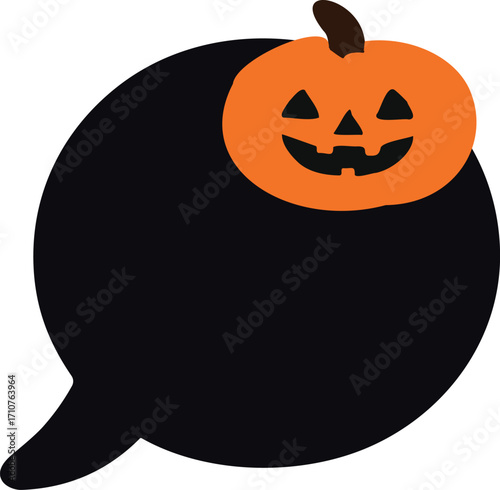 a black circular speech bubble with a bright orange jack-o’-lantern pumpkin placed on the top right corner, giving it a spooky Halloween theme.
