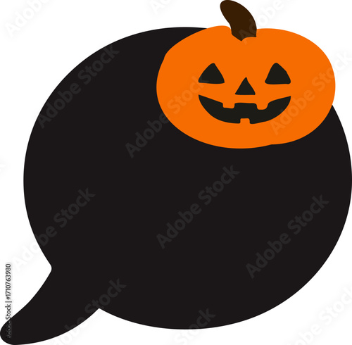 a black circular speech bubble with a bright orange jack-o’-lantern pumpkin placed on the top right corner, giving it a spooky Halloween theme.