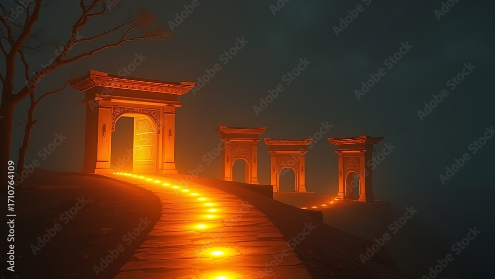 Fototapeta premium A luminous path winding through ancient gates, representing timeless wisdom and longevity.
