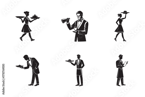 Essential Waiter And Waitress Silhouette Vector Bundle