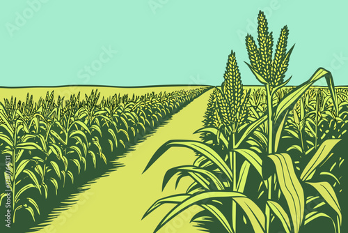 Show the endless wheat plains beneath a bright blue midday sky in Oklahoma, modern flat illustration style