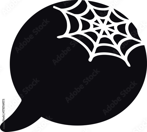 a black circular speech bubble with a white spider web design in the upper corner, giving it a spooky Halloween touch.