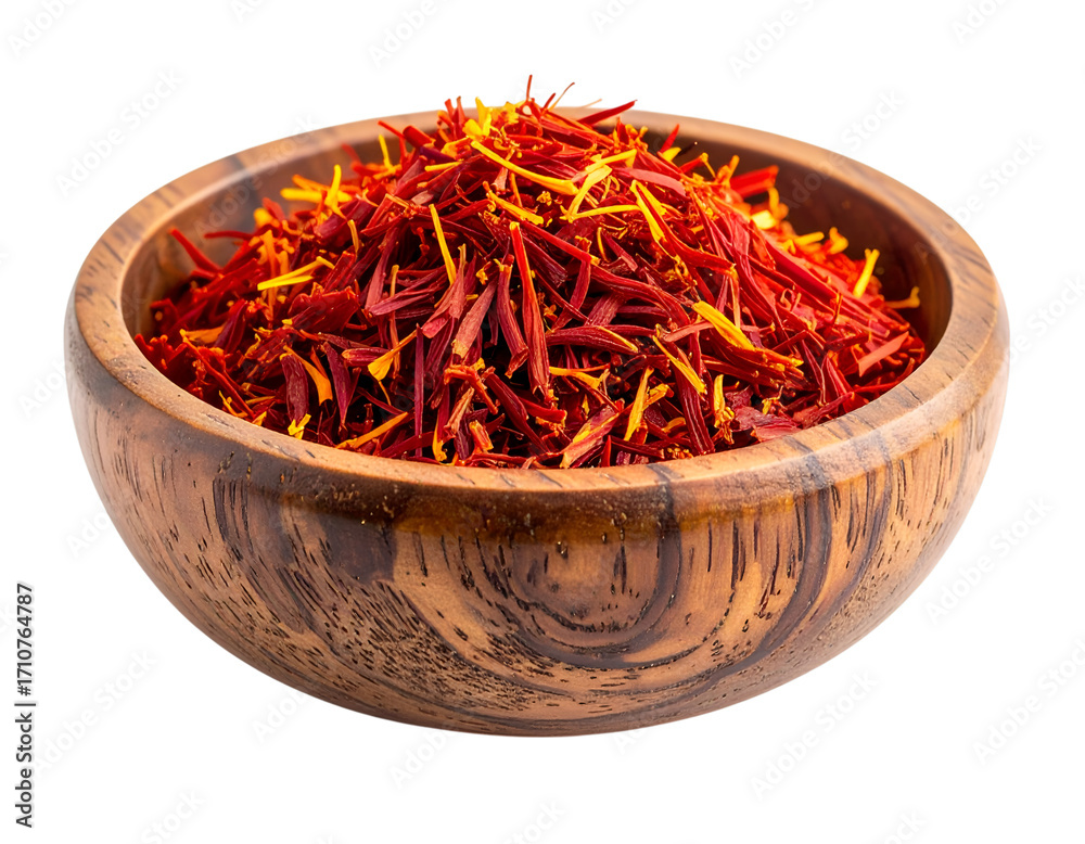 Fototapeta premium Vibrant Saffron in Wooden Bowl: Aromatic saffron threads spill from a wooden bowl, inviting viewers to savor the visual splendor and the gustatory promises held within.
