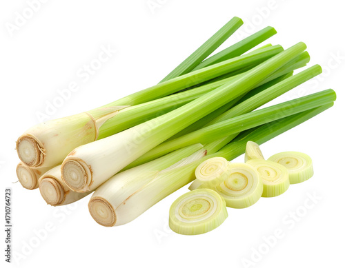 Fresh Lemongrass Display: A vibrant collection of fresh lemongrass stalks, alongside carefully sliced pieces. A sensory celebration of green and beige hues, ready for culinary use.