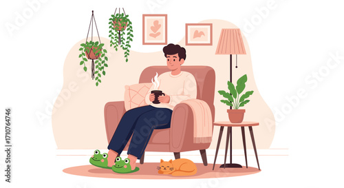 A man enjoying a quiet moment at home with a warm drink and his pet cat.