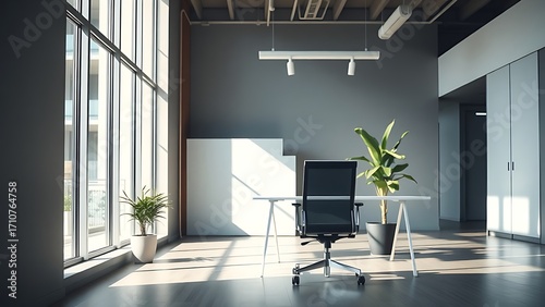 A clean minimalist office interior with an ergonomic chair and potted plant.