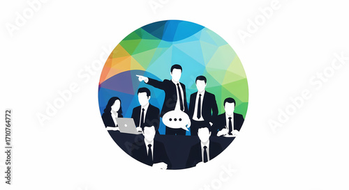 Team meeting with leader pointing and giving direction, abstract geometric background