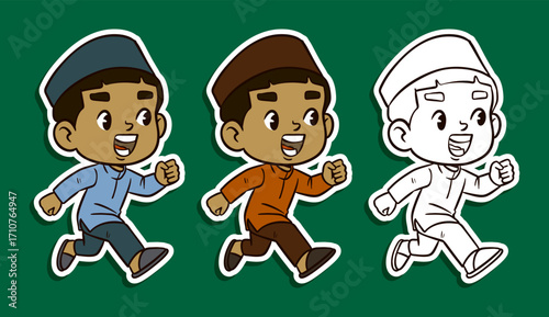 Muslim boy running happily sticker illustration