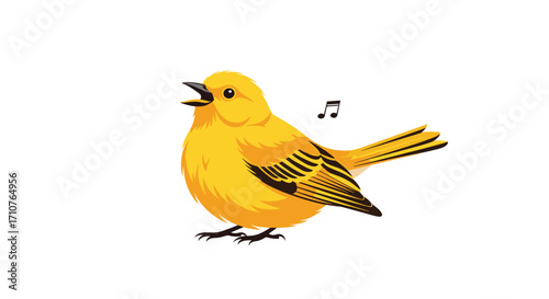 A bright yellow bird sings a cheerful song on a white background with musical notes above its head.