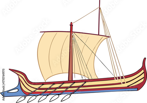 Ancient galley ship with sails and oars vessel boat