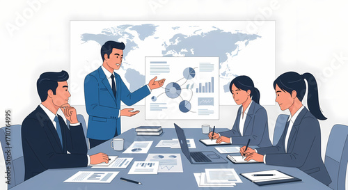 Diverse business team collaborating in a modern office with global map and charts.