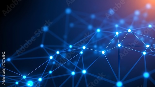 Abstract digital network visualization with glowing blue nodes and flowing connections on dark background.
