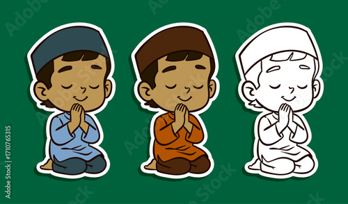 Muslim boy praying sitting pose sticker illustration
