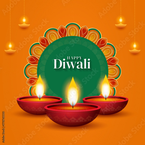 Happy Diwali festival celebration greeting card background, decorative oil lamp, vector illustration